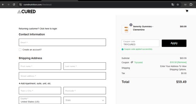 Cured Nutrition checkout page showing Cured Nutrition coupon code box | Screenshot taken by SimplyCodes community member on Jun 5, 2025