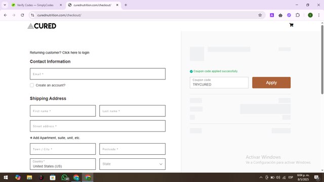 Cured Nutrition checkout page showing Cured Nutrition coupon code box | Screenshot taken by SimplyCodes community member on May 8, 2025