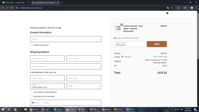 Cured Nutrition checkout page showing Cured Nutrition coupon code box | Screenshot taken by SimplyCodes community member on Jul 26, 2025