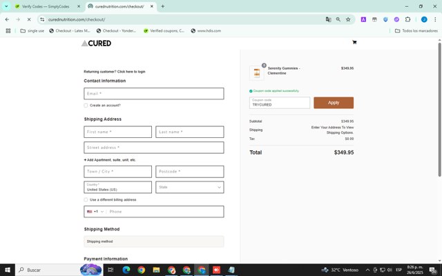 Cured Nutrition checkout page showing Cured Nutrition coupon code box | Screenshot taken by SimplyCodes community member on Jun 27, 2025