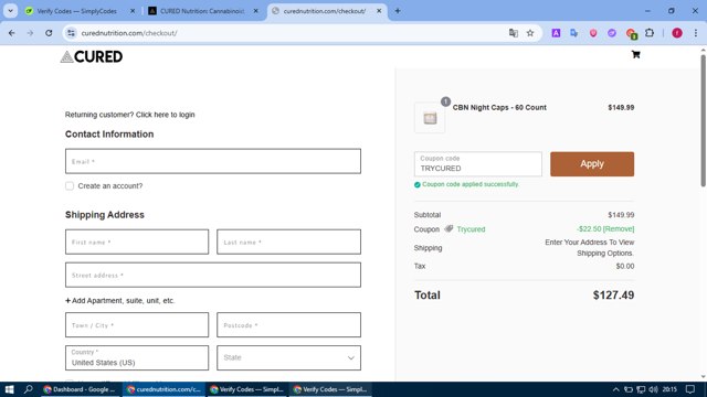 Cured Nutrition checkout page showing Cured Nutrition coupon code box | Screenshot taken by SimplyCodes community member on Jun 13, 2025