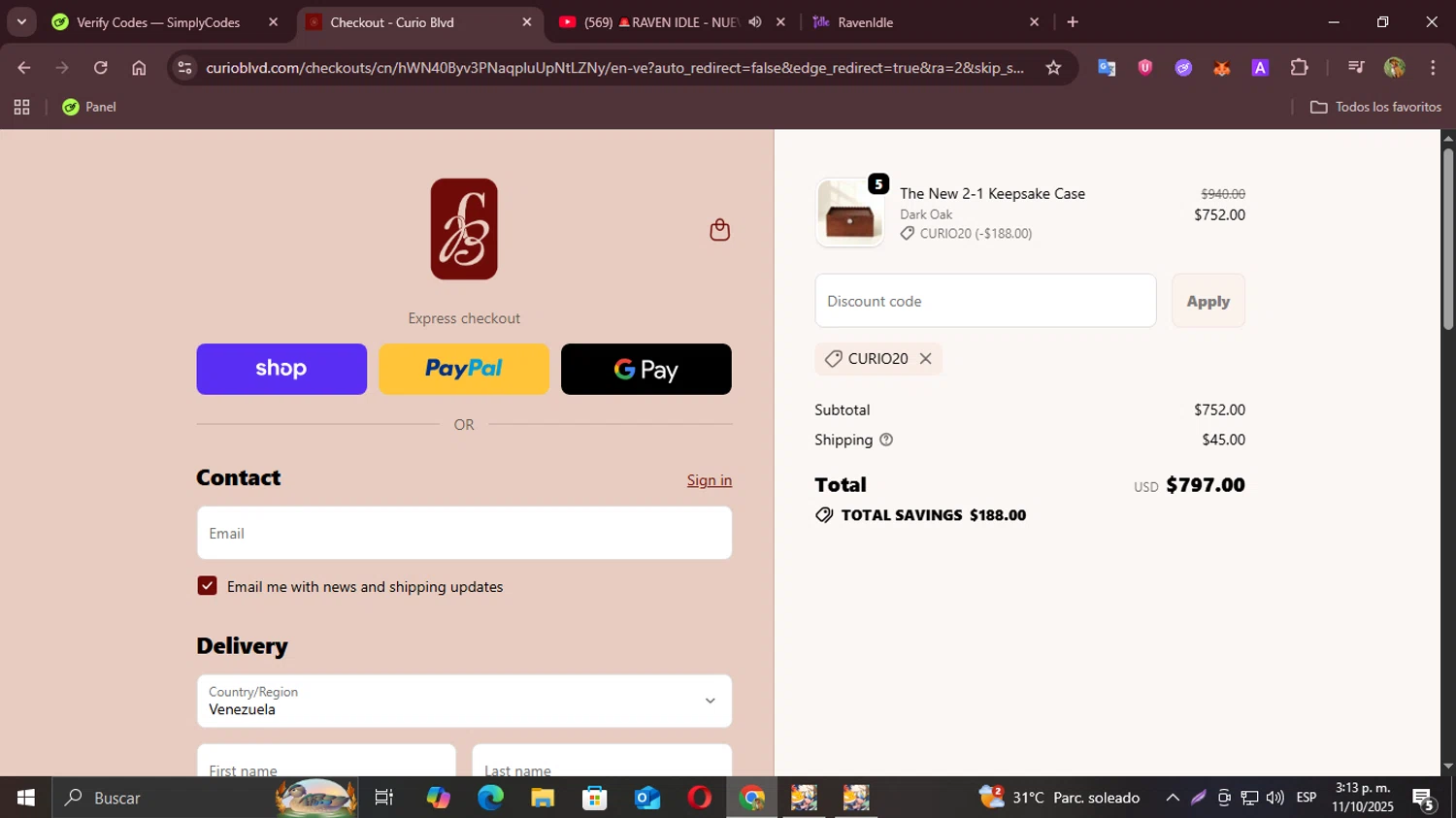 Curio Blvd promo code screenshot showing code CURIO20 applied at Curio Blvd checkout page. Uploaded by SimplyCodes community member Demogorgon on Oct 11, 2025