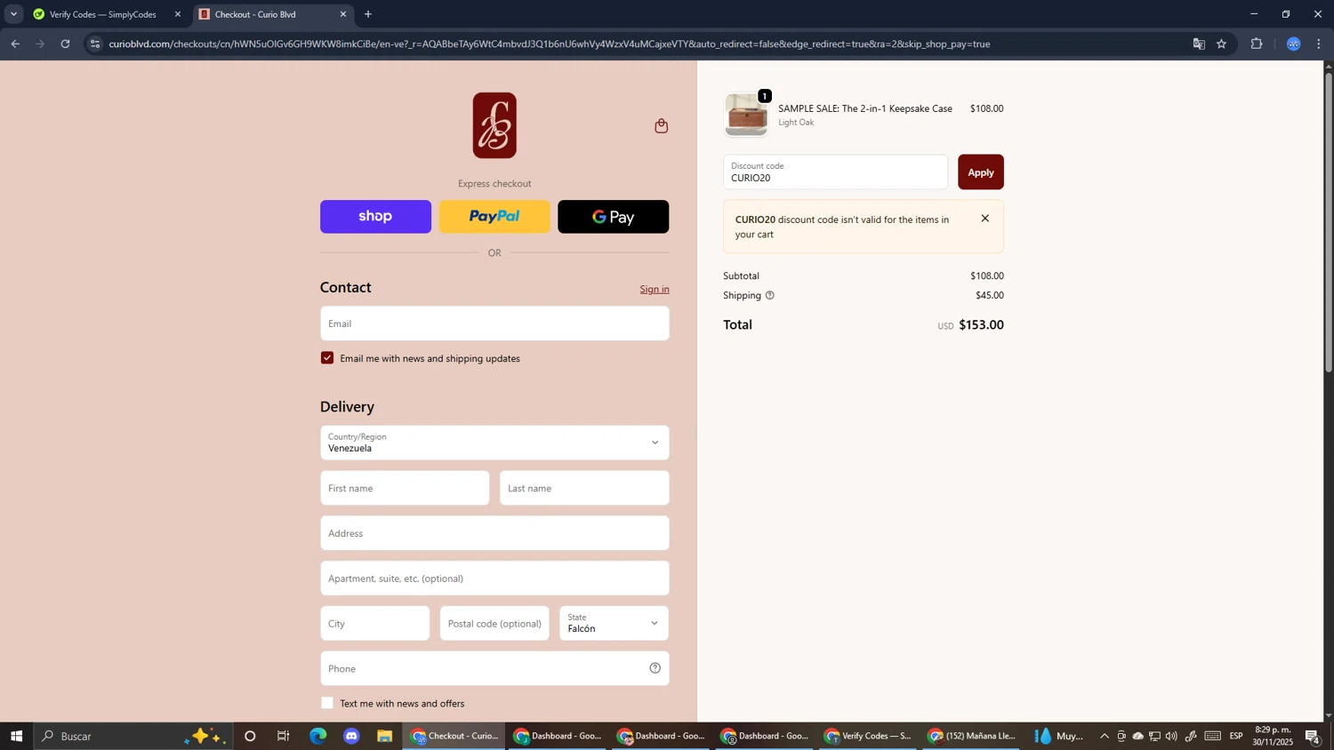 Curio Blvd promo code screenshot showing code CURIO20 applied at Curio Blvd checkout page. Uploaded by SimplyCodes community member RoyalExpert3857 on Dec 1, 2025