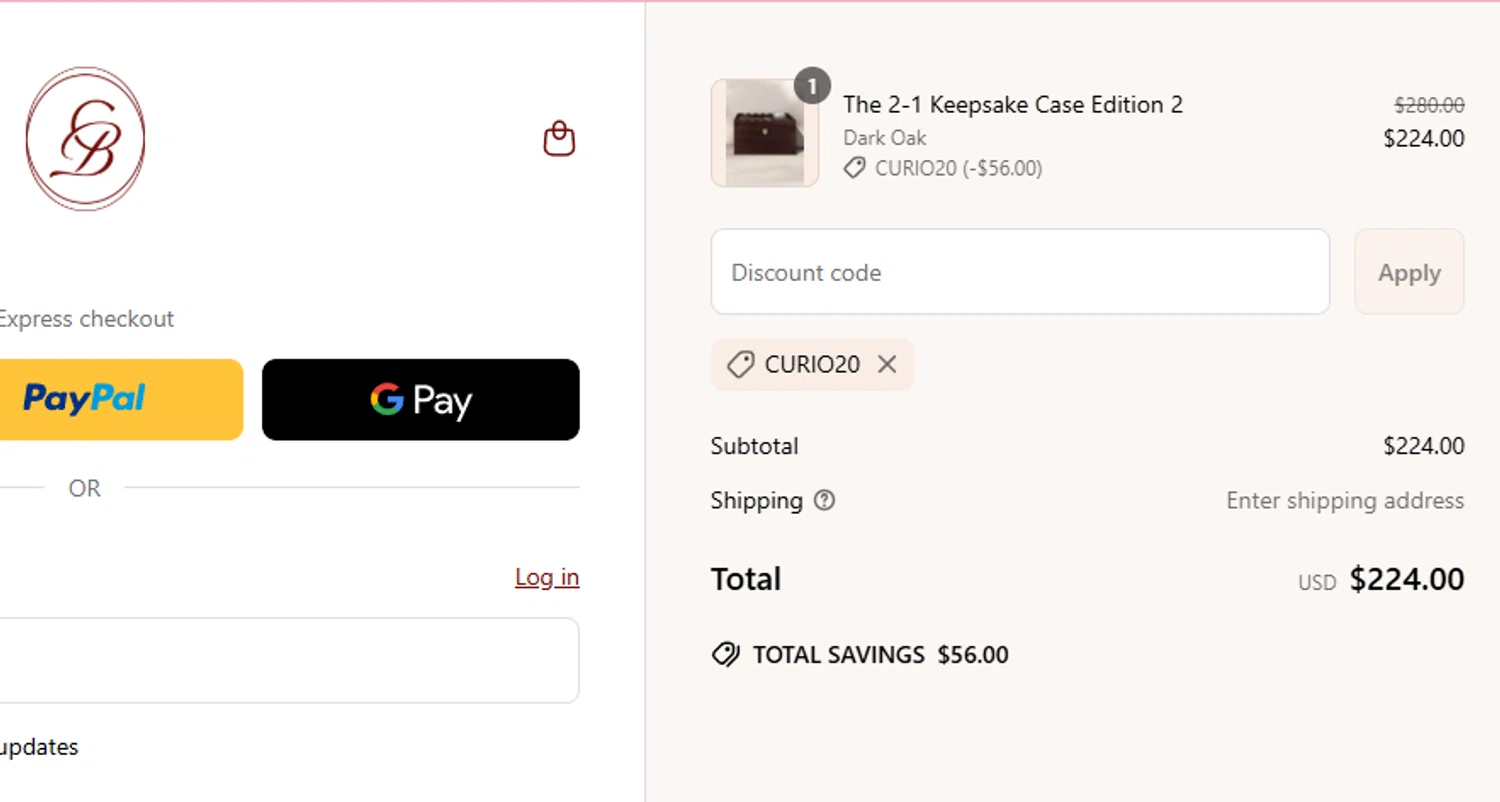 Curio Blvd promo code screenshot showing code CURIO20 applied at Curio Blvd checkout page. Uploaded by SimplyCodes community member aumentadax10 on Jun 4, 2025