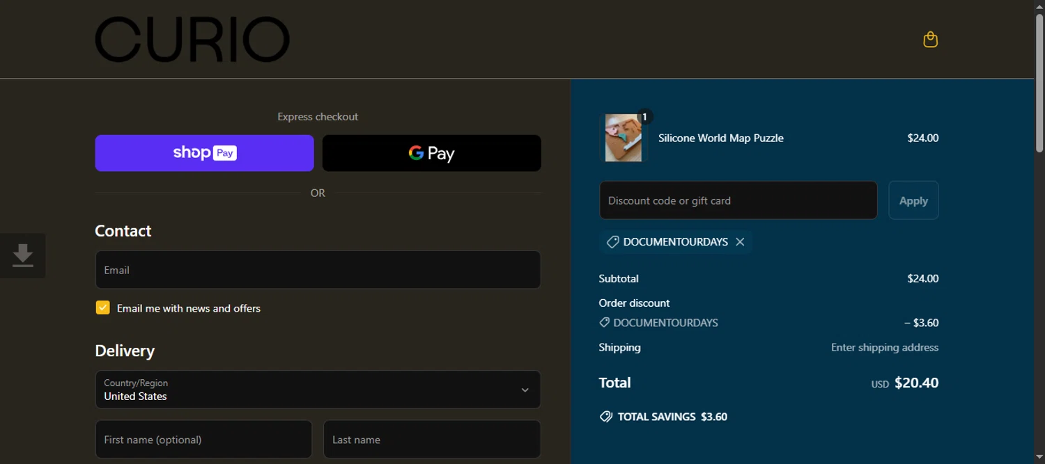 Curio Books promo code screenshot showing code DOCUMENTOURDAYS applied at Curio Books checkout page. Uploaded by SimplyCodes community member 111111 on May 12, 2025