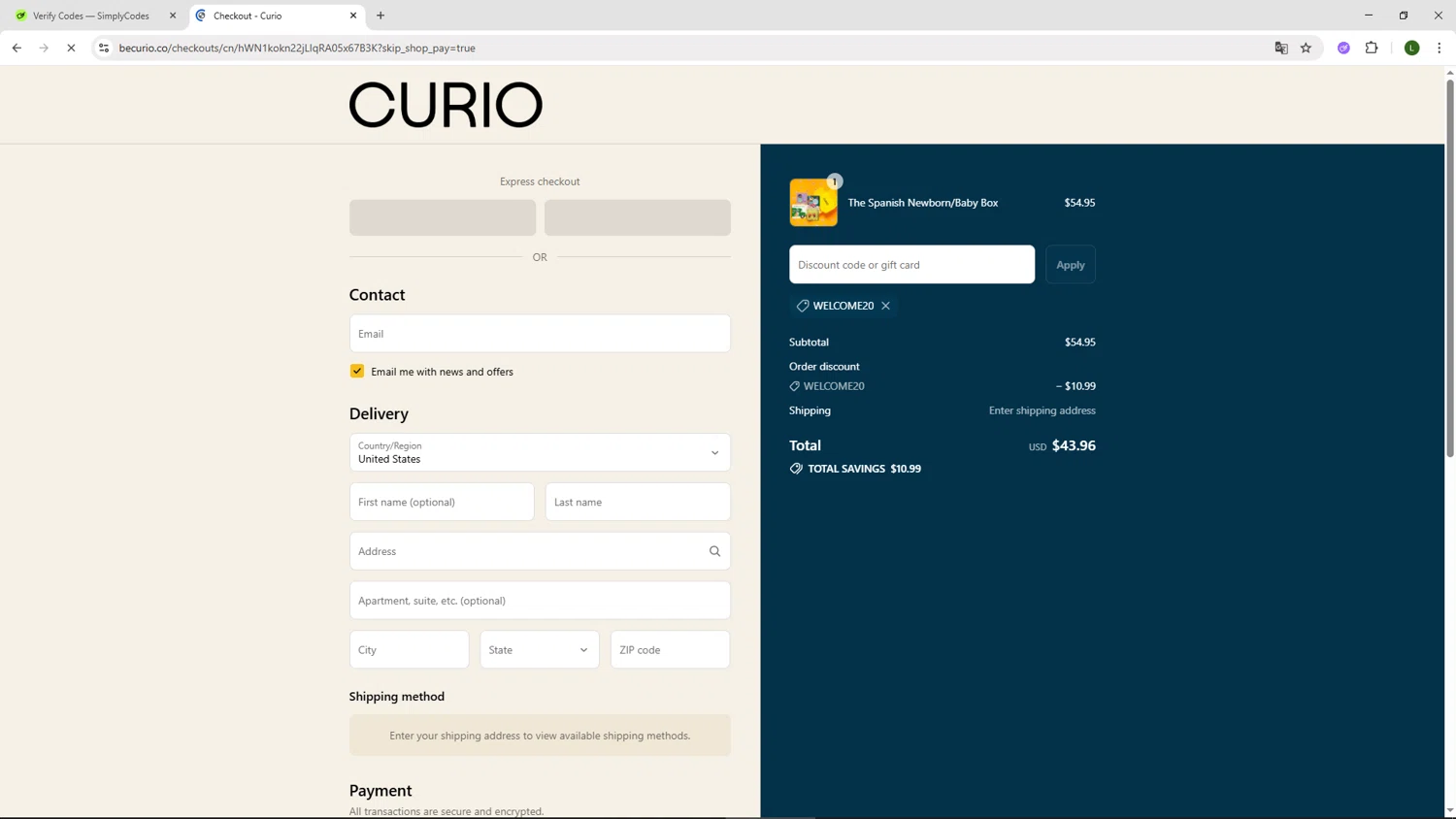 Curio Books promo code screenshot showing code WELCOME20 applied at Curio Books checkout page. Uploaded by SimplyCodes community member DUCATI on Aug 13, 2025