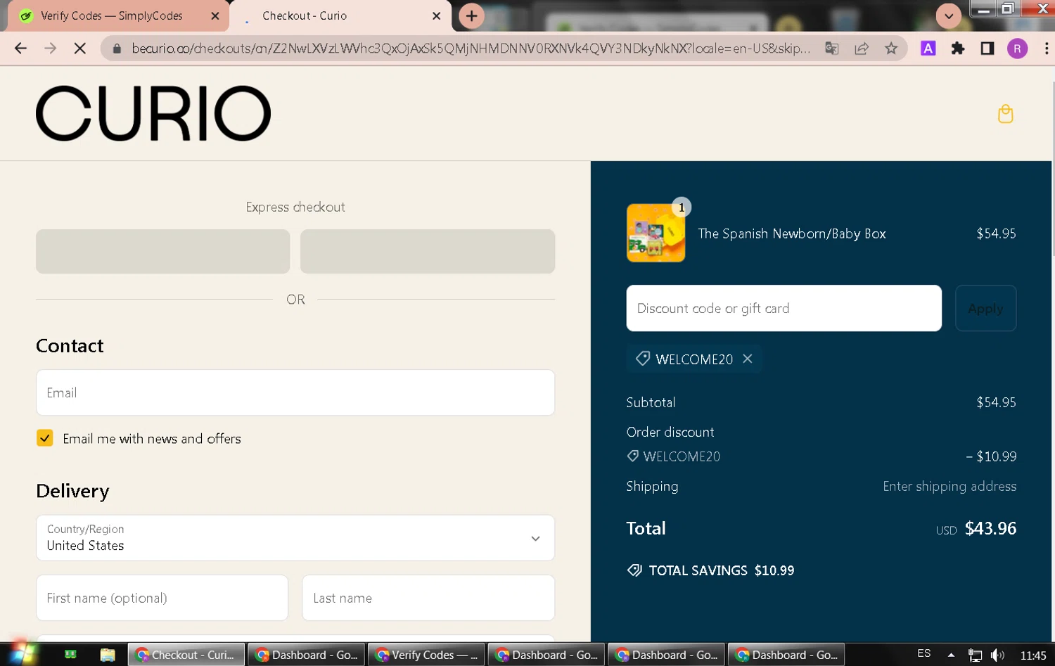 Curio Books promo code screenshot showing code WELCOME20 applied at Curio Books checkout page. Uploaded by SimplyCodes community member BrilliantHawk1197 on Mar 6, 2025