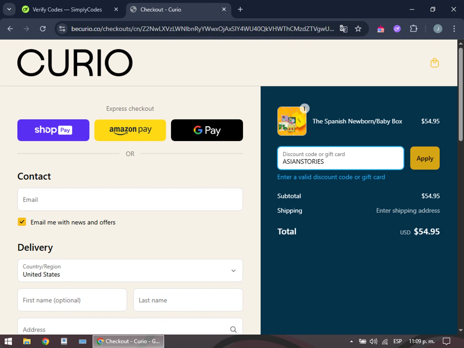 Curio Books promo code screenshot showing code ASIANSTORIES applied at Curio Books checkout page. Uploaded by SimplyCodes community member BonusGuardian249 on May 15, 2025