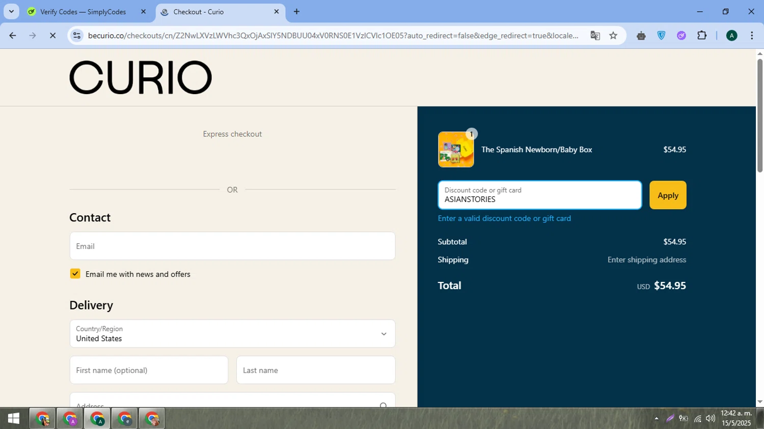 Curio Books promo code screenshot showing code ASIANSTORIES applied at Curio Books checkout page. Uploaded by SimplyCodes community member FrugalMaverick6013 on May 15, 2025