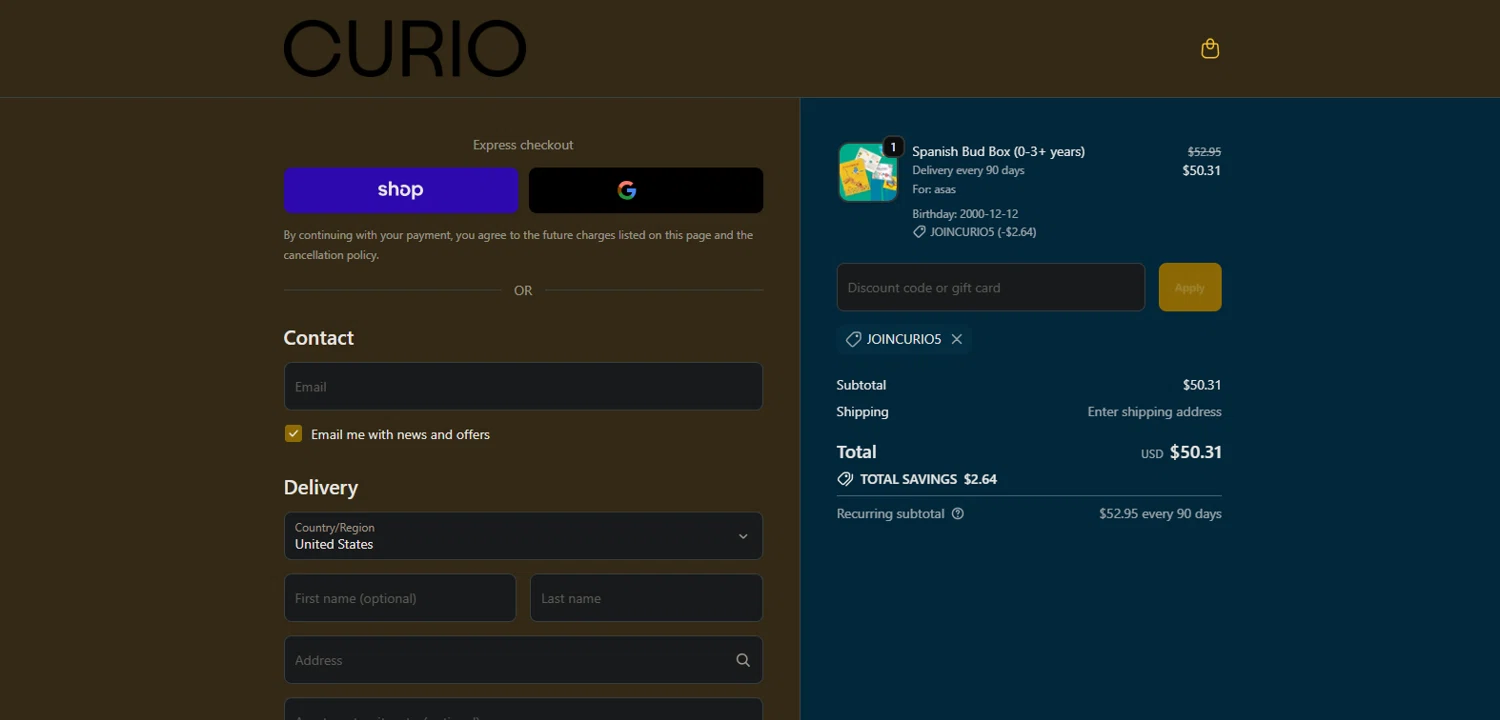 Curio Books promo code screenshot showing code JOINCURIO5 applied at Curio Books checkout page. Uploaded by SimplyCodes community member TreasureMaestro5413 on Oct 11, 2025