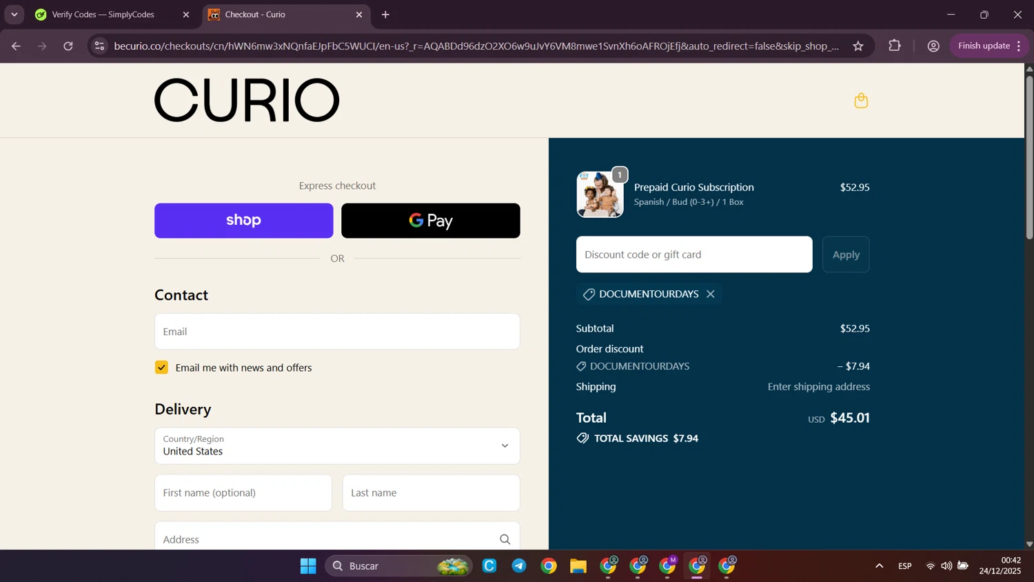 Curio Books promo code screenshot showing code DOCUMENTOURDAYS applied at Curio Books checkout page. Uploaded by SimplyCodes community member SilverWhiz4145 on Dec 24, 2025
