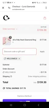 Welcome20 coupon verification screenshot