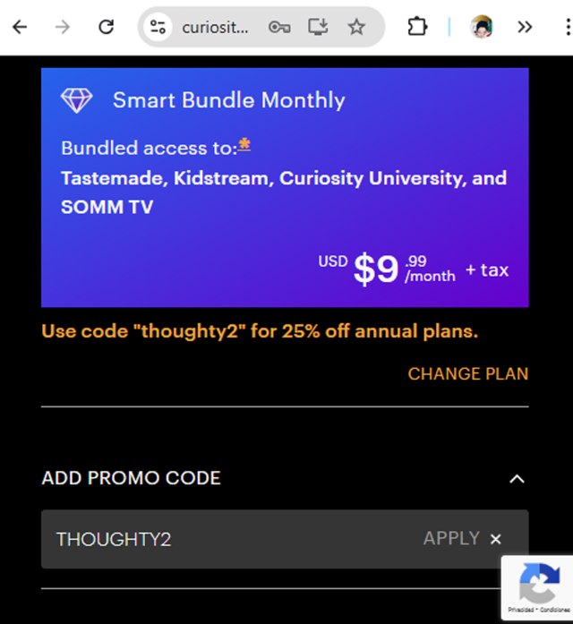 CuriosityStream checkout page showing CuriosityStream promo code box | Screenshot taken by SimplyCodes community member on Apr 27, 2025