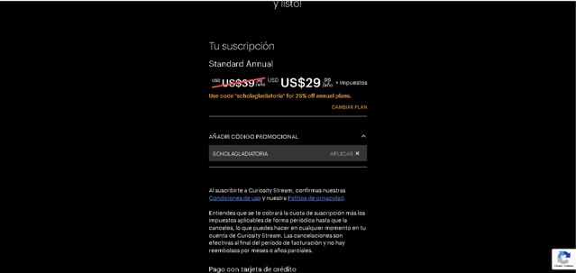 CuriosityStream checkout page showing CuriosityStream promo code box | Screenshot taken by SimplyCodes community member on Apr 27, 2025