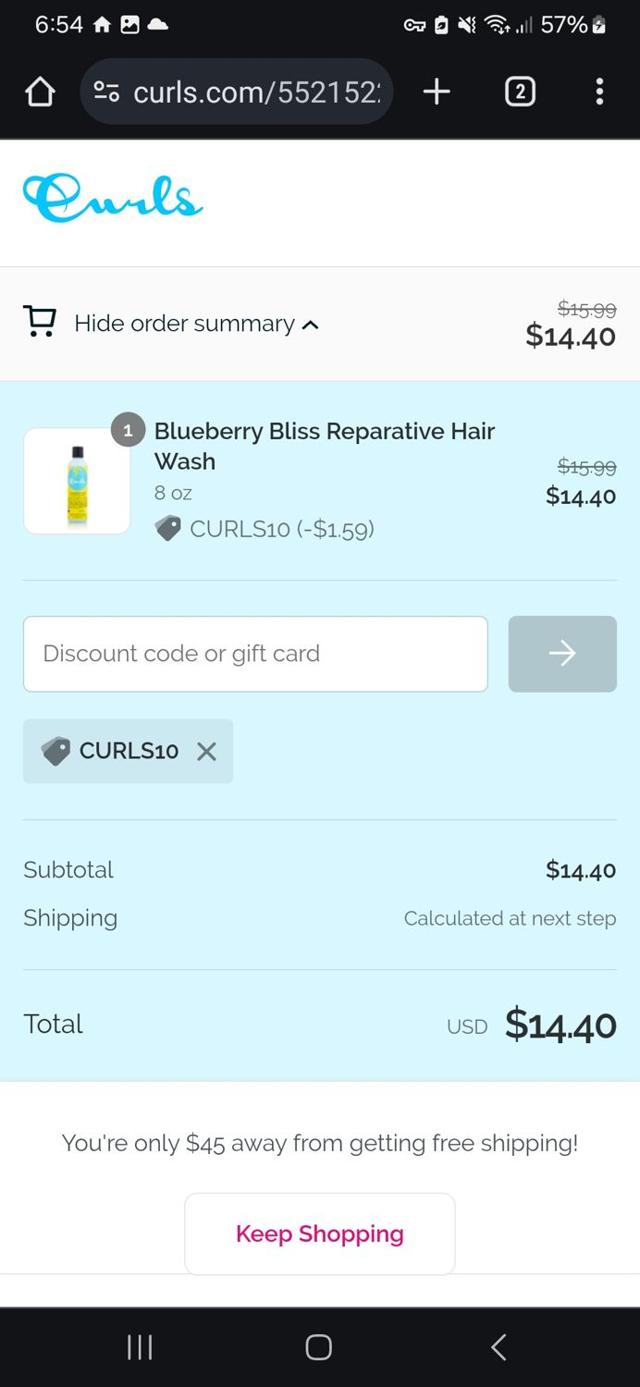 Curls checkout page showing Curls promo code box | Screenshot taken by SimplyCodes community member on Apr 29, 2024