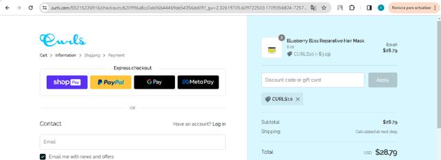 Curls checkout page showing Curls promo code box | Screenshot taken by SimplyCodes community member on Mar 2, 2024