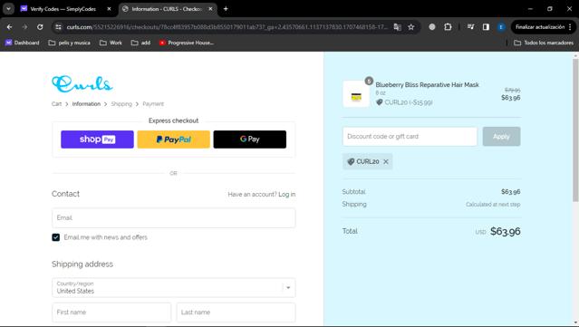 Curls checkout page showing Curls promo code box | Screenshot taken by SimplyCodes community member on Feb 9, 2024