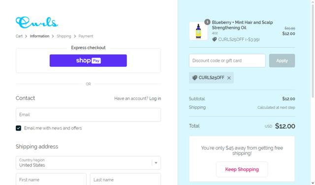 Curls checkout page showing Curls promo code box | Screenshot taken by SimplyCodes community member on Mar 31, 2024