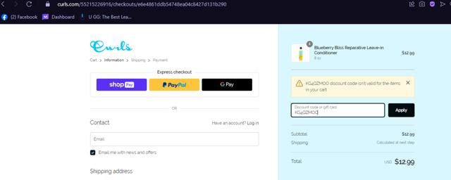 Curls checkout page showing Curls promo code box | Screenshot taken by SimplyCodes community member on Feb 9, 2024