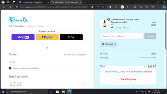 Curls checkout page showing Curls promo code box | Screenshot taken by SimplyCodes community member on Mar 31, 2024