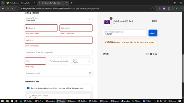 Curls Dynasty checkout page showing Curls Dynasty discount code box | Screenshot taken by SimplyCodes community member on Sep 12, 2025