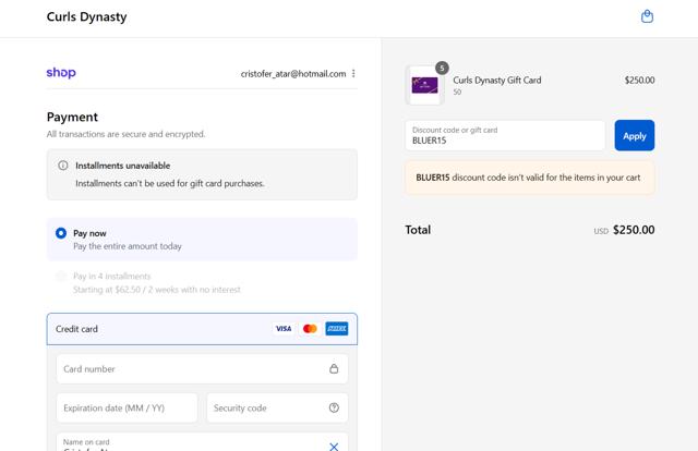 Curls Dynasty checkout page showing Curls Dynasty discount code box | Screenshot taken by SimplyCodes community member on Sep 12, 2025