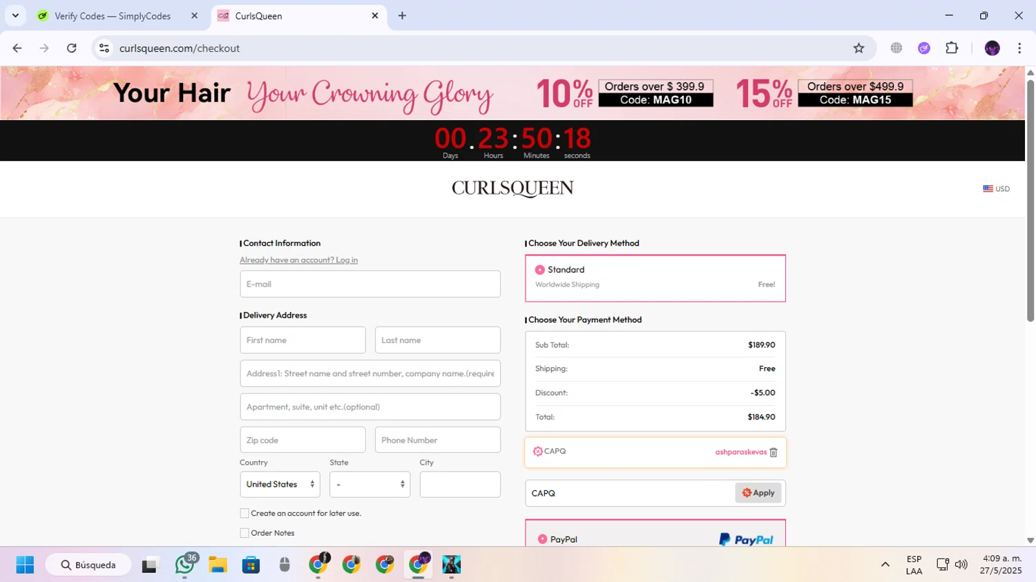 Curls Queen coupon code screenshot showing code CAPQ applied at Curls Queen checkout page. Uploaded by SimplyCodes community member GloriousGuardian9063 on May 27, 2025