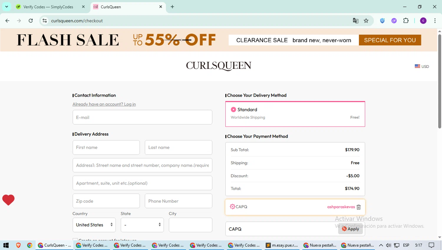 Curls Queen coupon code screenshot showing code CAPQ applied at Curls Queen checkout page. Uploaded by SimplyCodes community member suieeloves on Jun 17, 2025