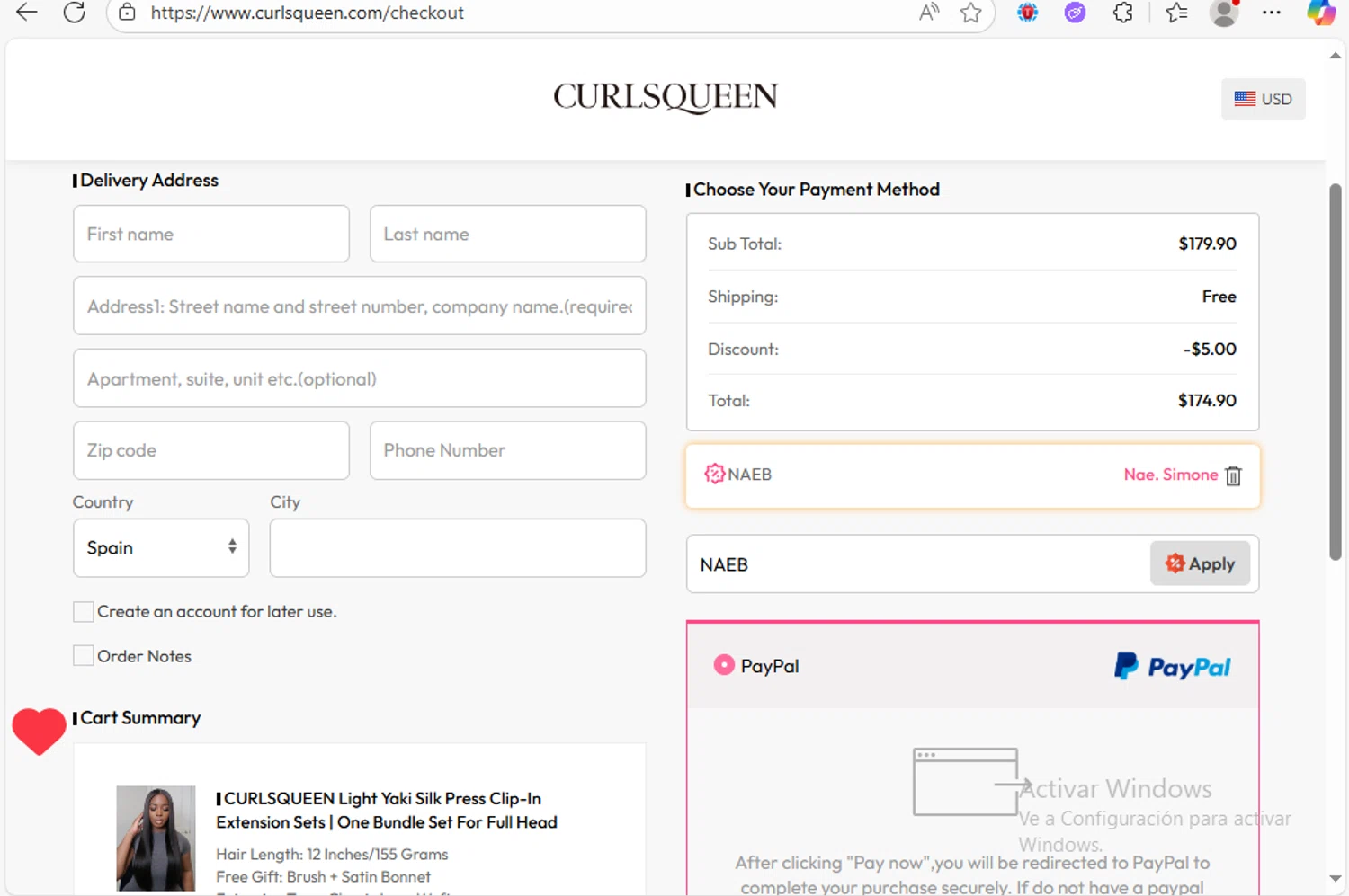 Curls Queen coupon code screenshot showing code NAEB applied at Curls Queen checkout page. Uploaded by SimplyCodes community member Franco20 on Sep 14, 2025