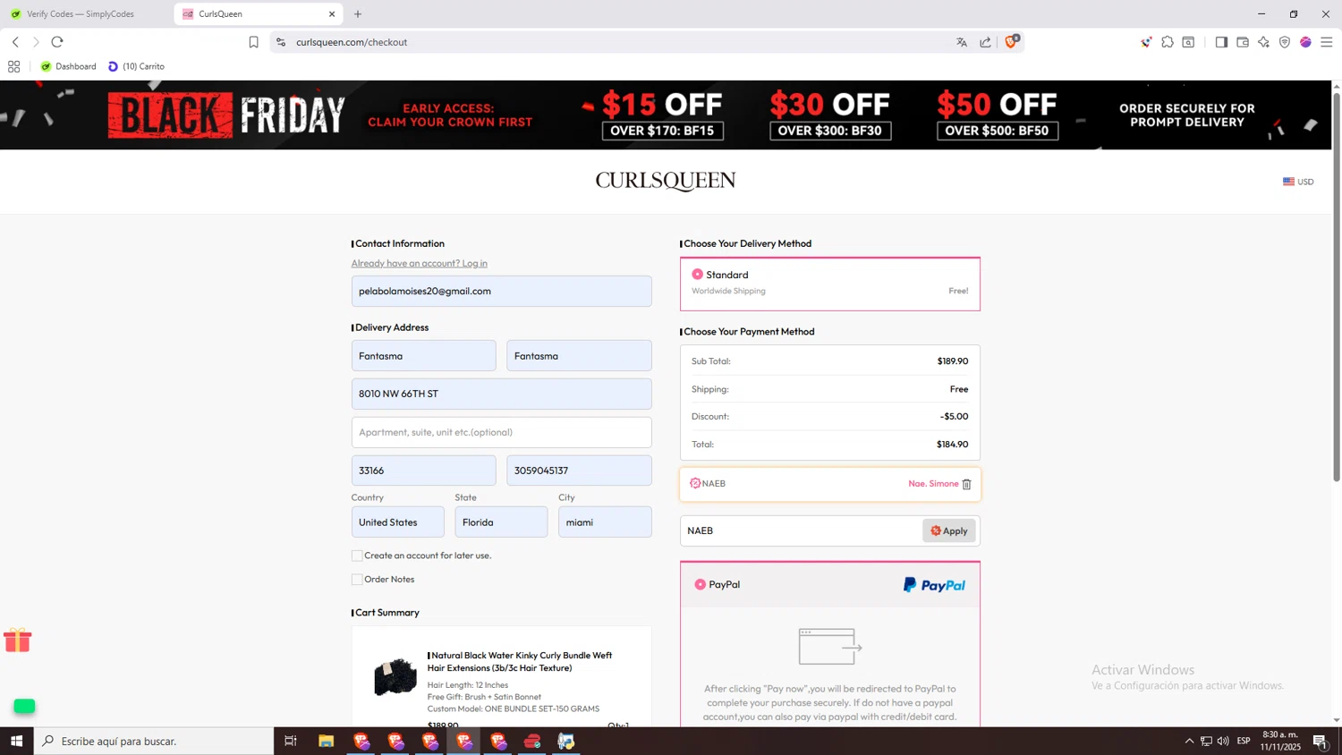 Curls Queen coupon code screenshot showing code NAEB applied at Curls Queen checkout page. Uploaded by SimplyCodes community member CHAMBAAAalas3AM on Nov 11, 2025
