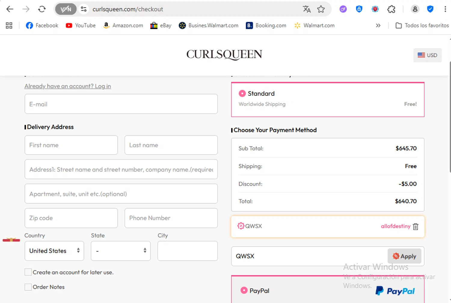 Curls Queen coupon code screenshot showing code QWSX applied at Curls Queen checkout page. Uploaded by SimplyCodes community member FrancyB on Oct 13, 2025