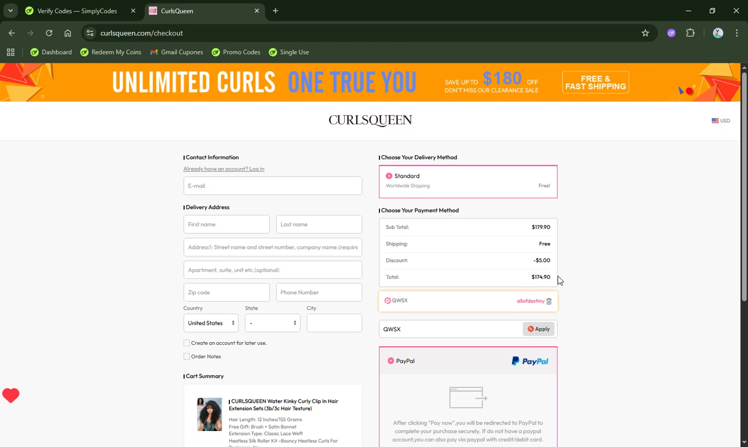 Curls Queen coupon code screenshot showing code QWSX applied at Curls Queen checkout page. Uploaded by SimplyCodes community member LHaunter2 on Oct 13, 2025