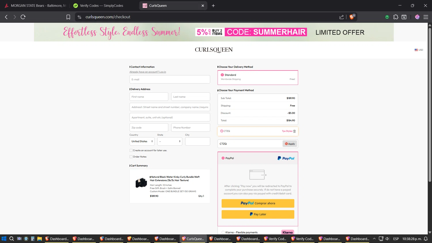 Curls Queen coupon code screenshot showing code CTZQ applied at Curls Queen checkout page. Uploaded by SimplyCodes community member Phoenix on Aug 17, 2025