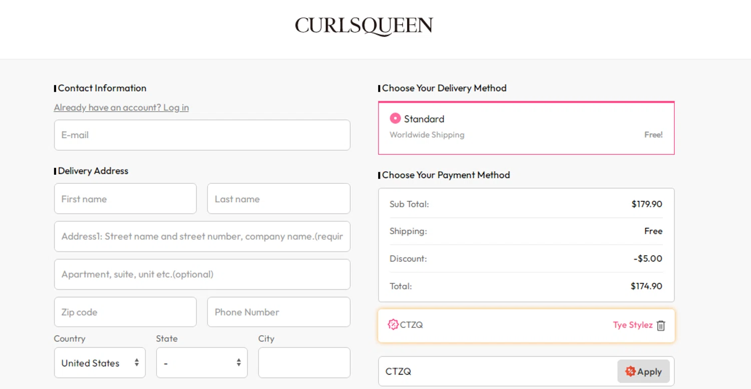 Curls Queen coupon code screenshot showing code CTZQ applied at Curls Queen checkout page. Uploaded by SimplyCodes community member RonaldAcunaJr on Aug 17, 2025