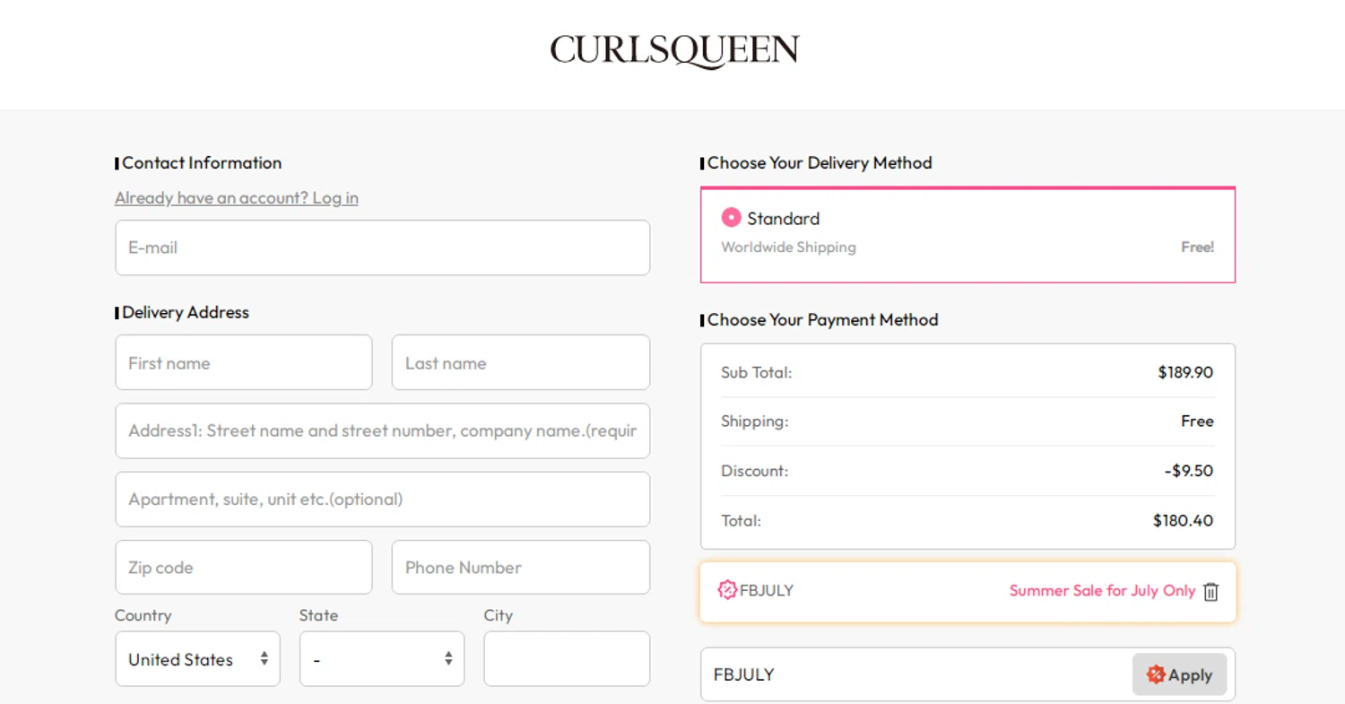 Curls Queen coupon code screenshot showing code FBJULY applied at Curls Queen checkout page. Uploaded by SimplyCodes community member RonaldAcunaJr on Oct 2, 2025