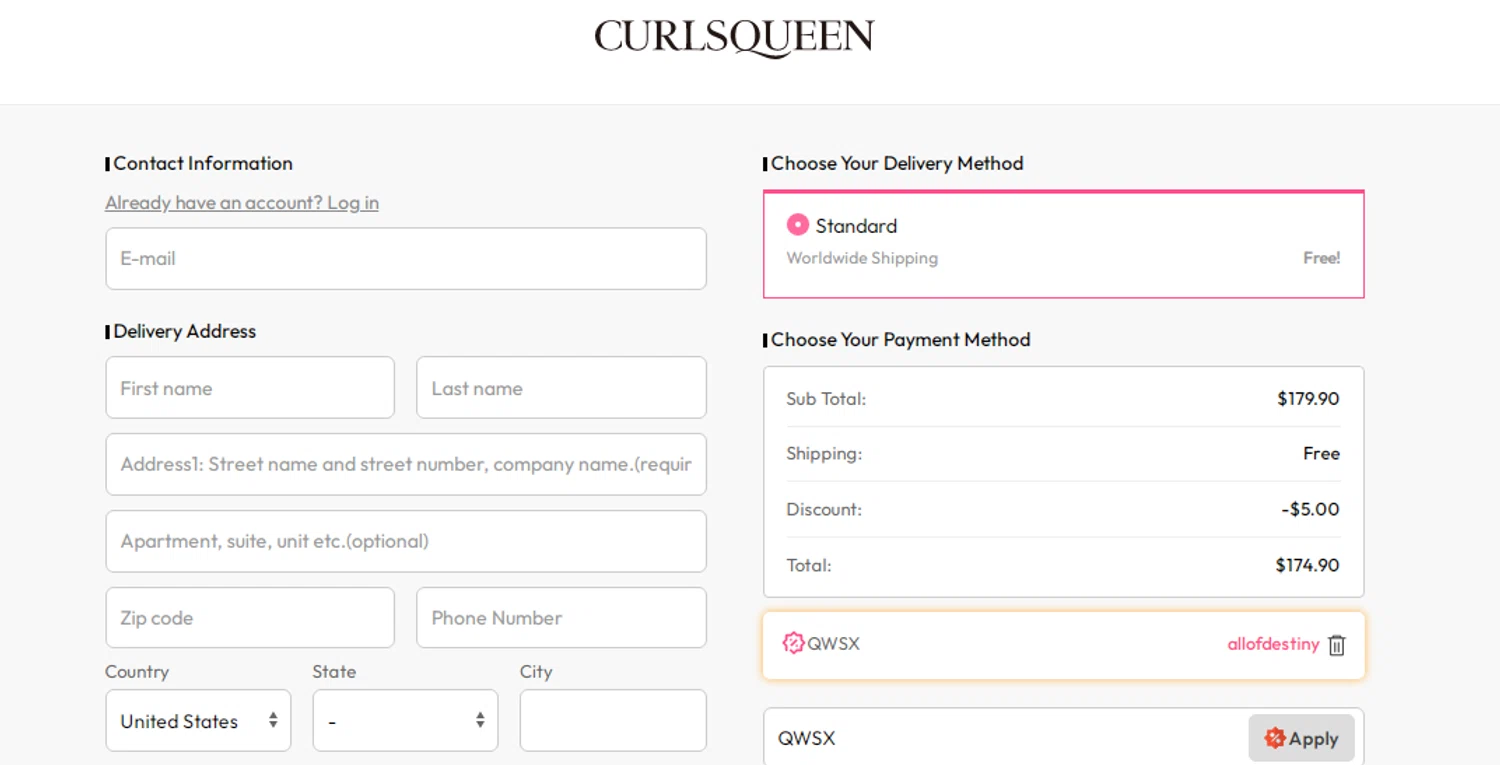 Curls Queen coupon code screenshot showing code QWSX applied at Curls Queen checkout page. Uploaded by SimplyCodes community member RonaldAcunaJr on Aug 17, 2025