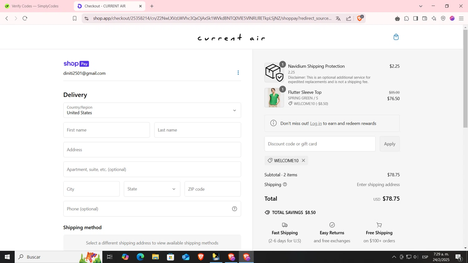 Current Air promo code screenshot showing code WELCOME10 applied at Current Air checkout page. Uploaded by SimplyCodes community member Hasta_El_Final on Feb 24, 2025