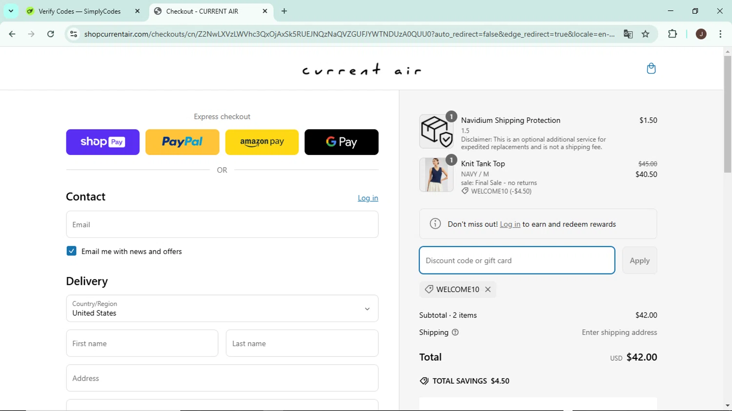Current Air promo code screenshot showing code WELCOME10 applied at Current Air checkout page. Uploaded by SimplyCodes community member LegendaryAce8627 on Mar 7, 2025