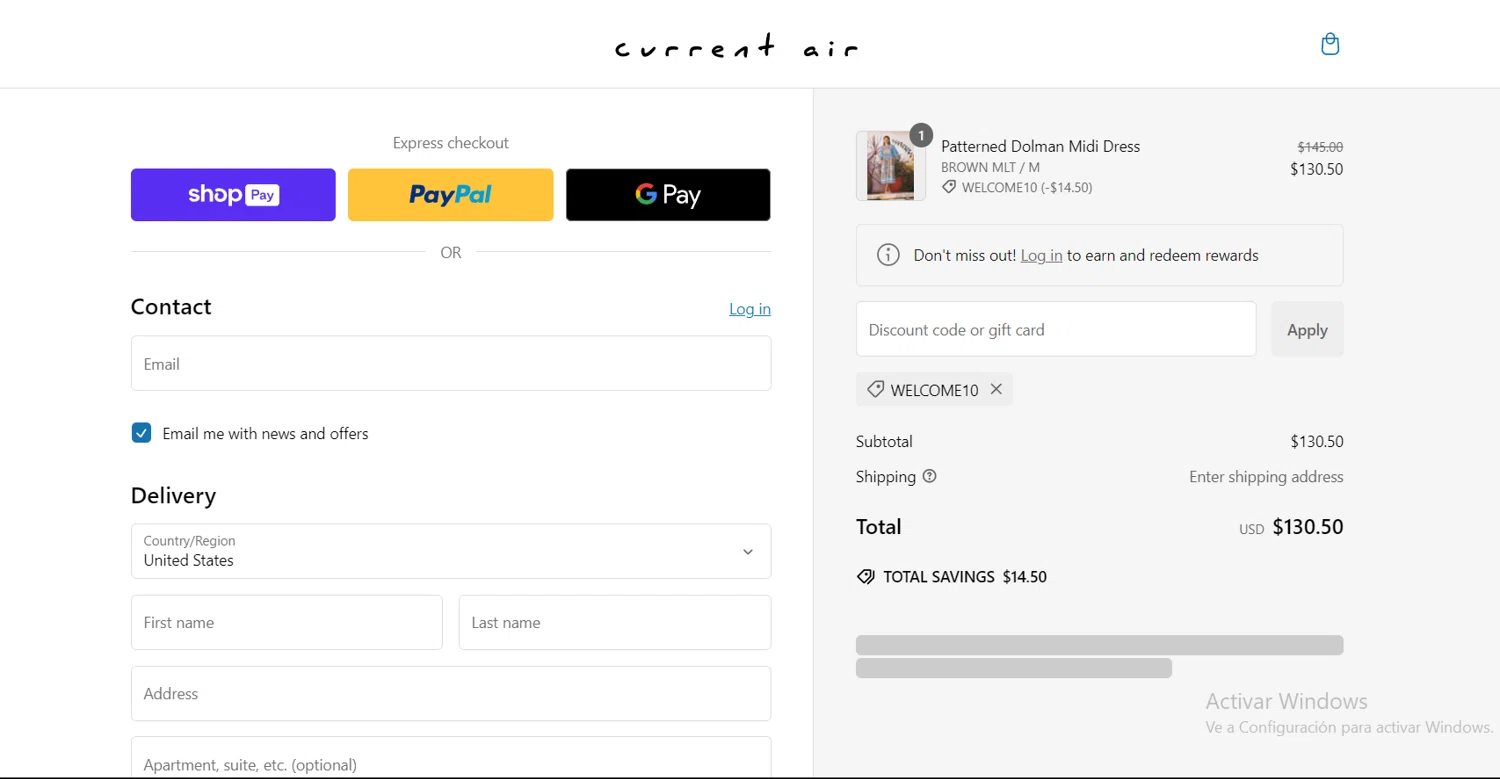 Current Air promo code screenshot showing code WELCOME10 applied at Current Air checkout page. Uploaded by SimplyCodes community member comepingas on Jan 20, 2025