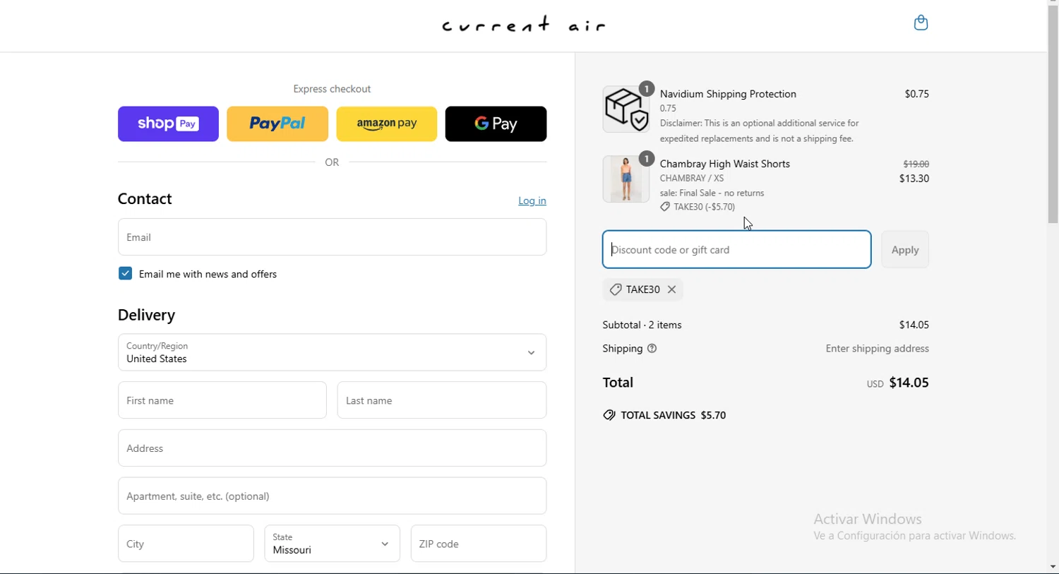 Current Air promo code screenshot showing code TAKE30 applied at Current Air checkout page. Uploaded by SimplyCodes community member GoldMonarch7280 on Mar 25, 2025