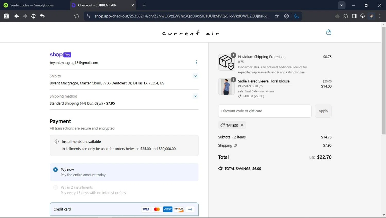 Current Air promo code screenshot showing code TAKE30 applied at Current Air checkout page. Uploaded by SimplyCodes community member USER_RANDON on Mar 25, 2025