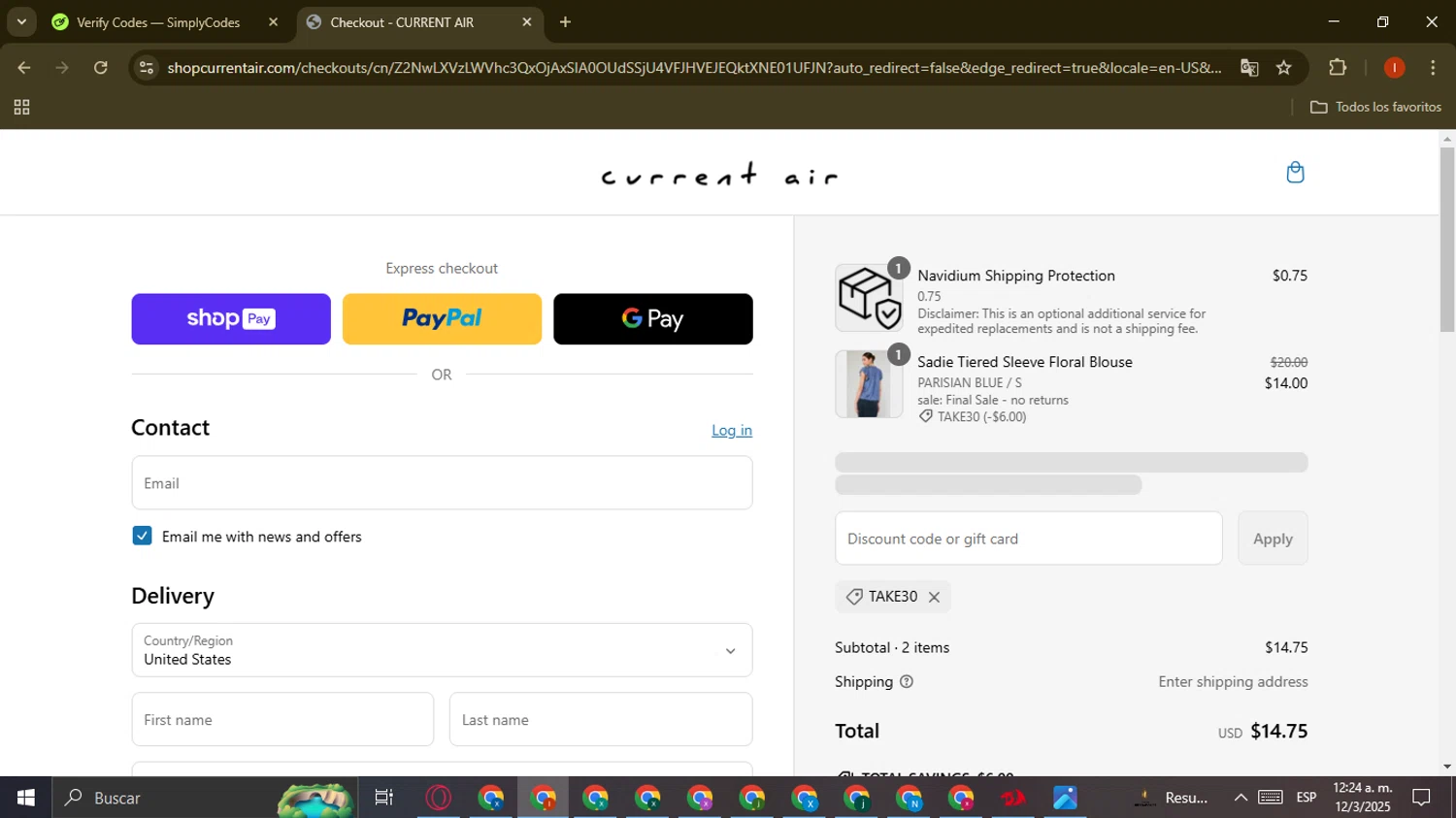 Current Air promo code screenshot showing code TAKE30 applied at Current Air checkout page. Uploaded by SimplyCodes community member CouponAce3224 on Mar 12, 2025
