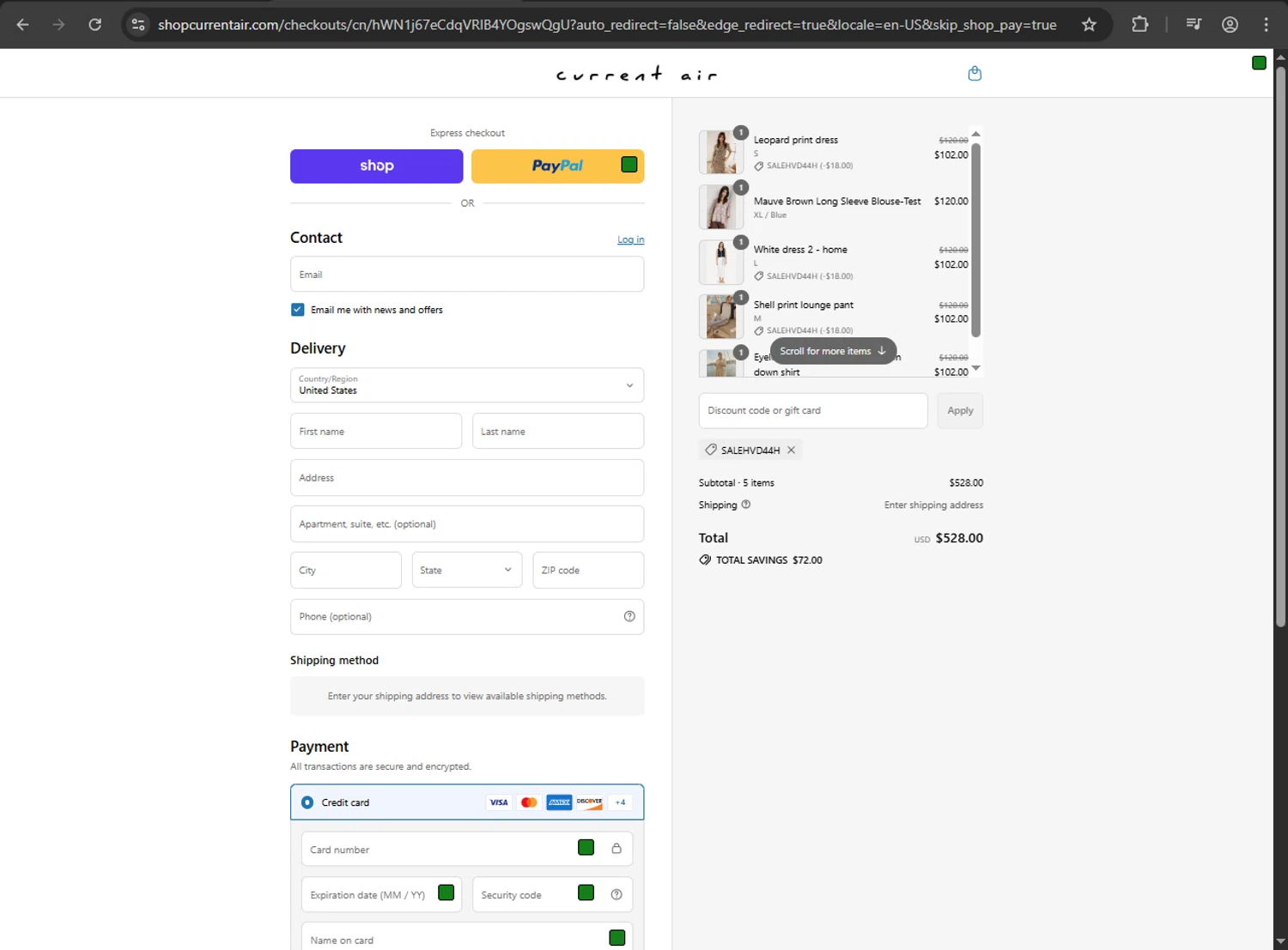 Current Air promo code screenshot showing code SALEHVD44H applied at Current Air checkout page. Uploaded by SimplyCodes community member megagei on Aug 12, 2025