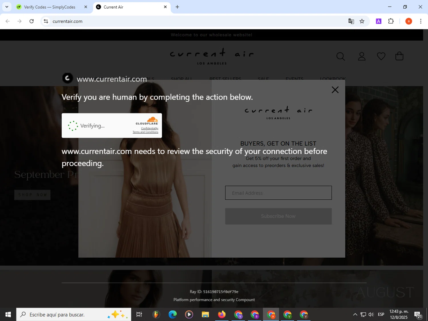Current Air promo code screenshot showing code SALEHVD44H applied at Current Air checkout page. Uploaded by SimplyCodes community member partenalgas on Aug 12, 2025