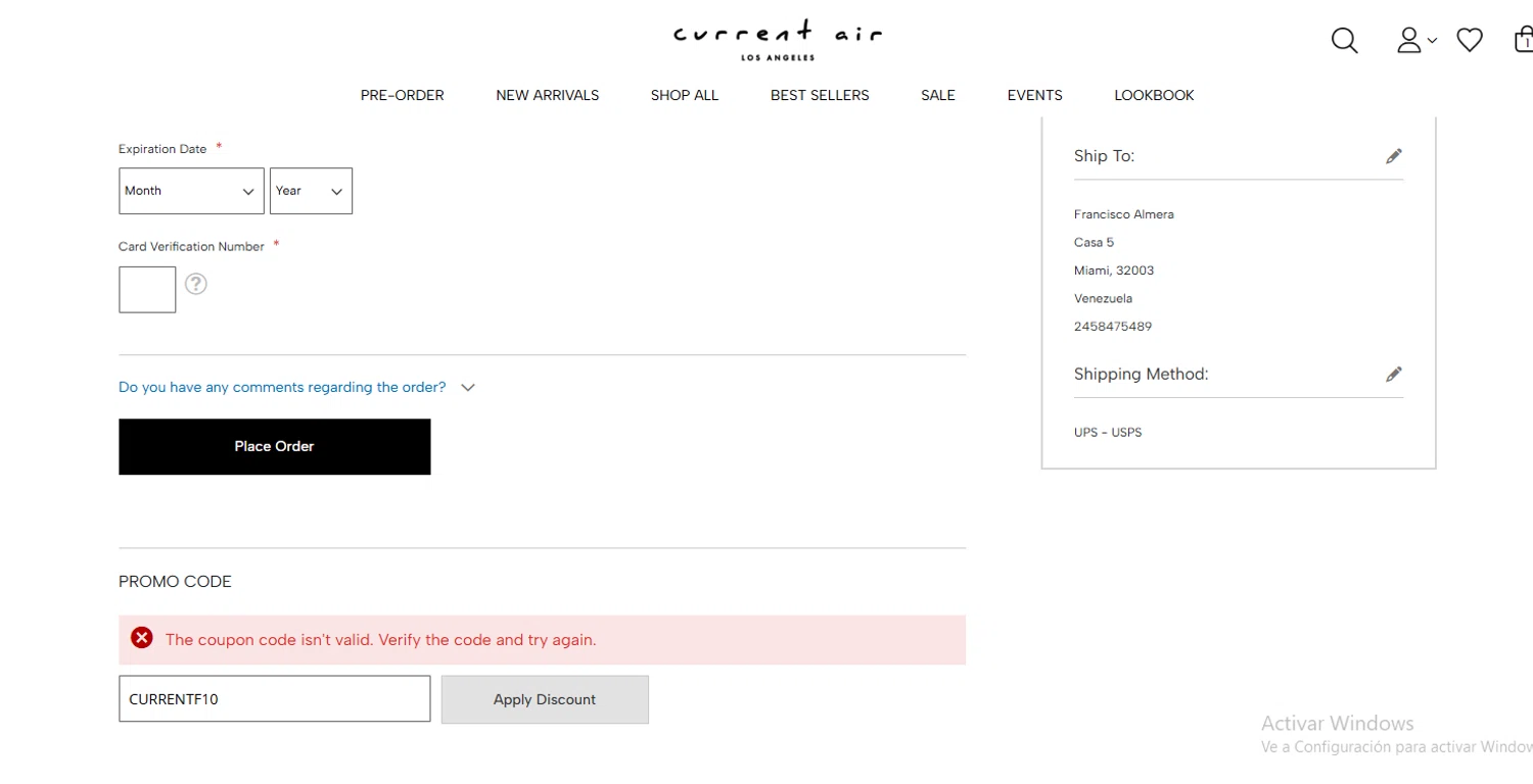 Current Air promo code screenshot showing code CURRENTF10 applied at Current Air checkout page. Uploaded by SimplyCodes community member Francisco on Jul 18, 2025