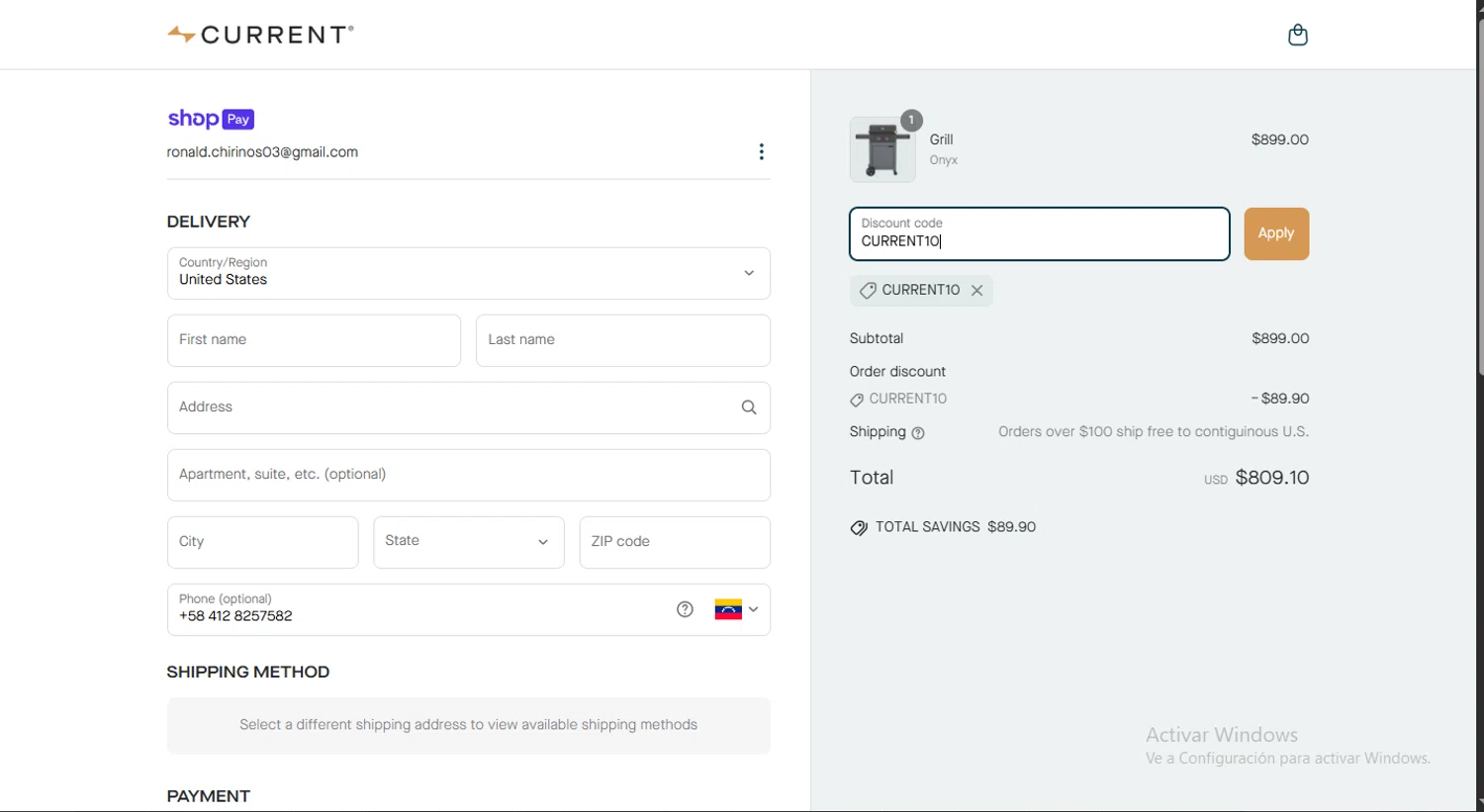 Current Backyard promo code screenshot showing code CURRENT10 applied at Current Backyard checkout page. Uploaded by SimplyCodes community member alpha007 on Apr 17, 2025
