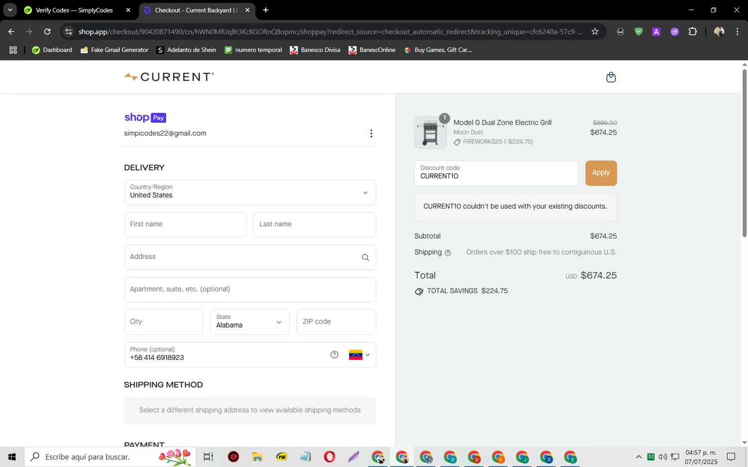 Current Backyard promo code screenshot showing code CURRENT10 applied at Current Backyard checkout page. Uploaded by SimplyCodes community member jeysosmoore on Jul 7, 2025