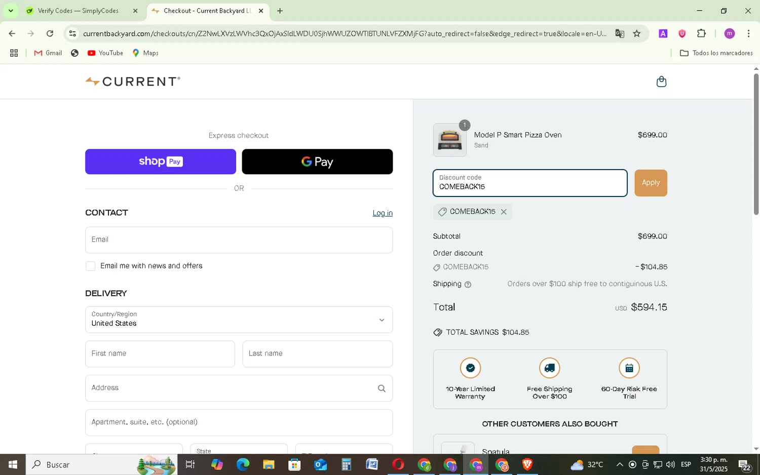 Current Backyard promo code screenshot showing code COMEBACK15 applied at Current Backyard checkout page. Uploaded by SimplyCodes community member BudgetMonarch8952 on May 31, 2025