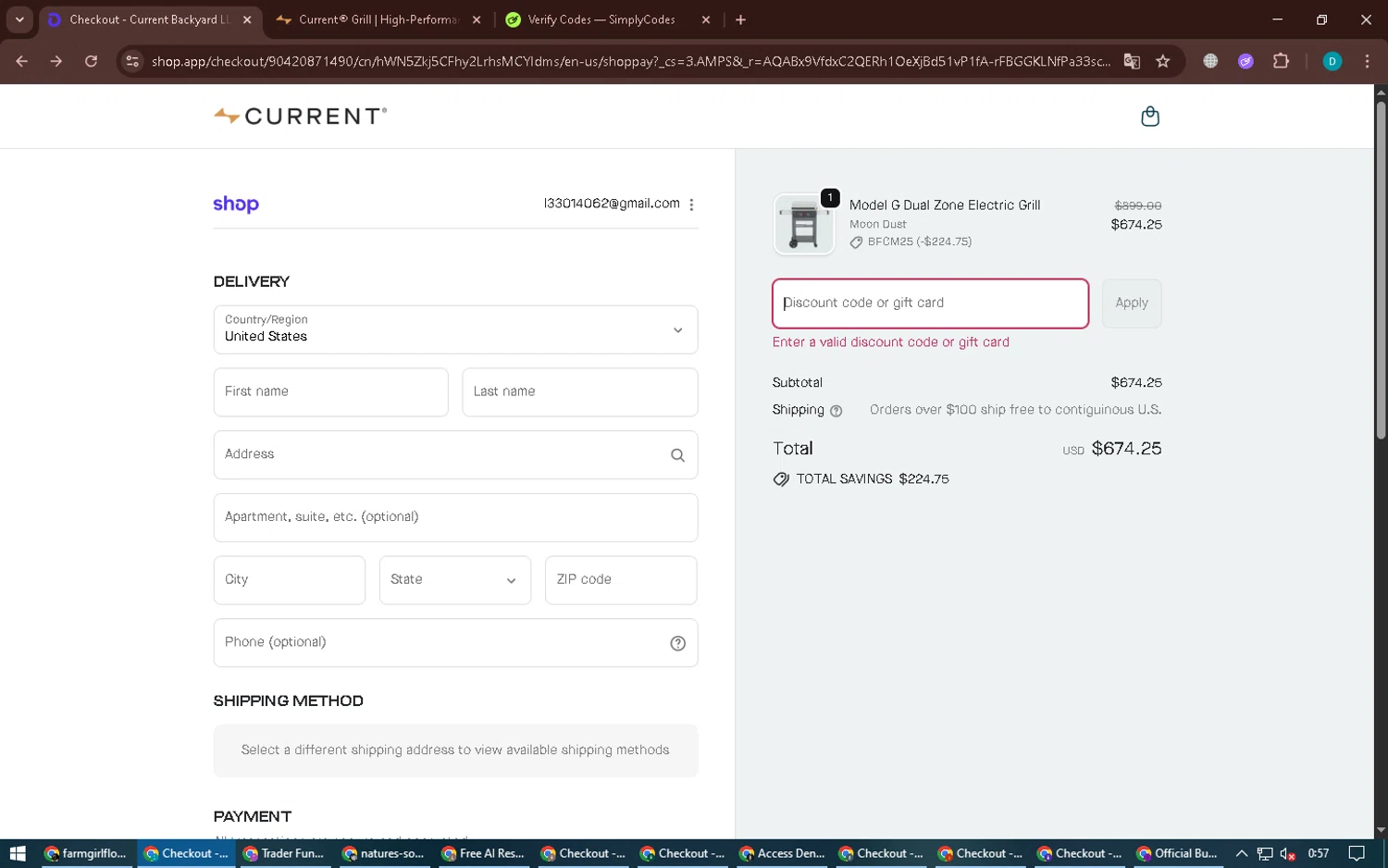 Current Backyard promo code screenshot showing code WELCOME100 applied at Current Backyard checkout page. Uploaded by SimplyCodes community member BonusPilot3825 on Nov 22, 2025