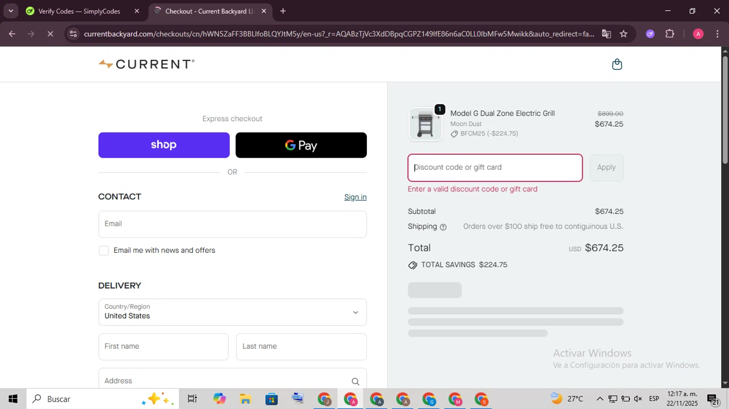 Current Backyard promo code screenshot showing code WELCOME100 applied at Current Backyard checkout page. Uploaded by SimplyCodes community member SaleScholar6713 on Nov 22, 2025